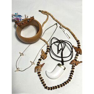 Boho Wood & Shell Jewelry Set With Elephant & Bird